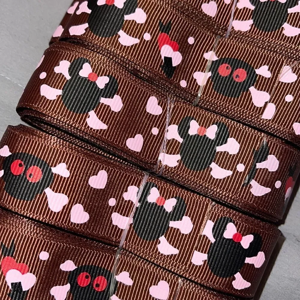 Grosgrain printed Ribbon 7/8” NEW 5 yards Minnie Mouse brown skull Jolly Roger